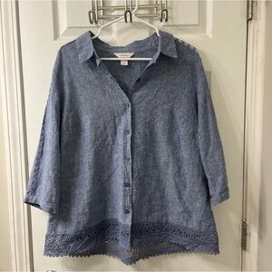 CJ Banks women’s blue linen cotton organic boxy crochet button up chambray top